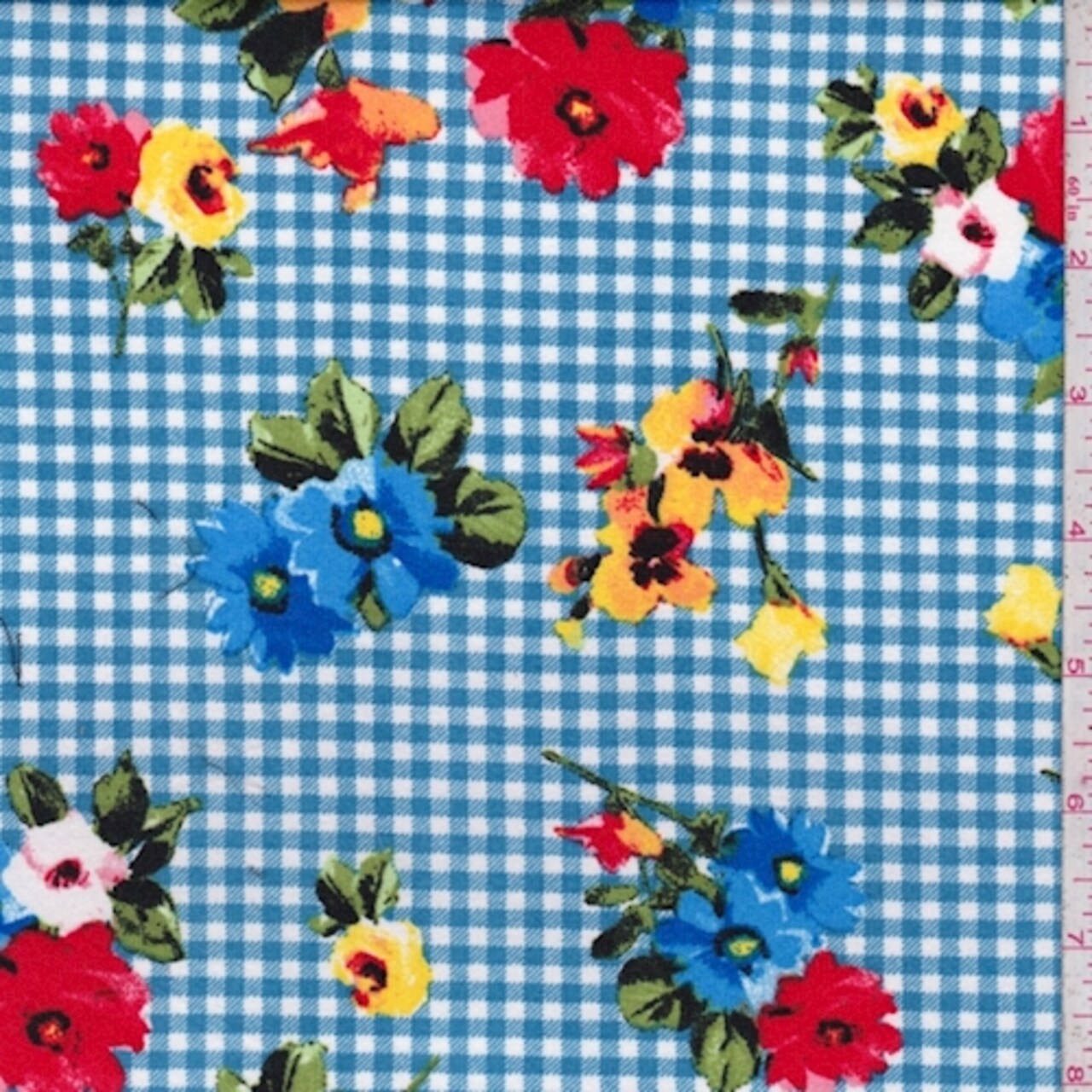 Blue Multi Mini Check Floral Double Brushed Jersey Knit Fabric By the Yard